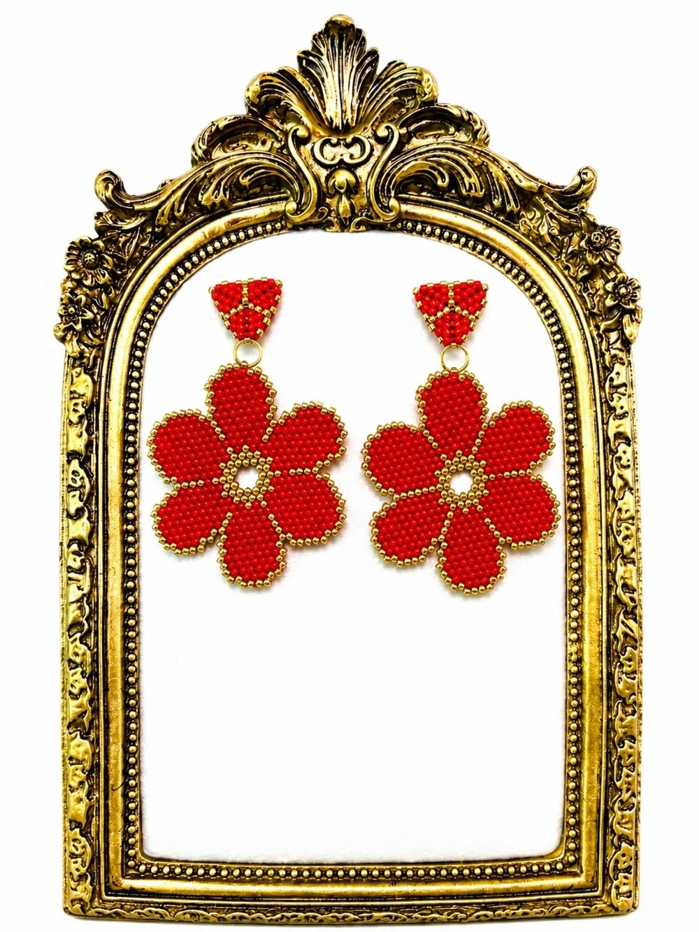 Handmade Red Beaded Floral Drop Earrings with Gold Accents